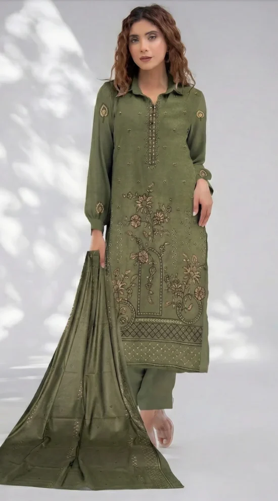 Dhanak Khaddar 3 Piece Unstitched Suit with Handcrafted Embroidery & Heavy Shawl