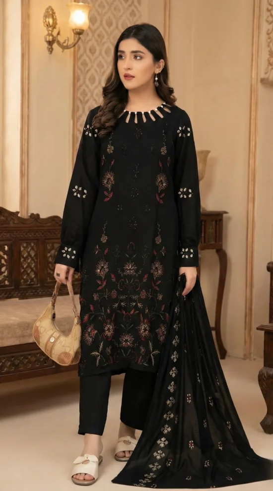 Dhanak Khaddar 3 Piece Unstitched Suit with Handcrafted Embroidery & Luxurious Shawl