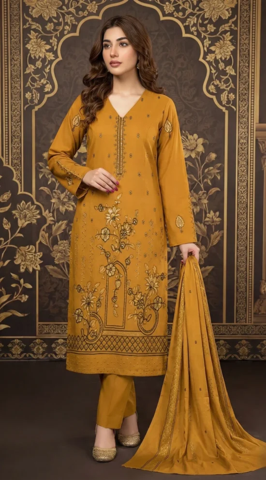 Dhanak Khaddar 3 Piece Unstitched Suit with Elegant Embroidery & Heavy Shawl