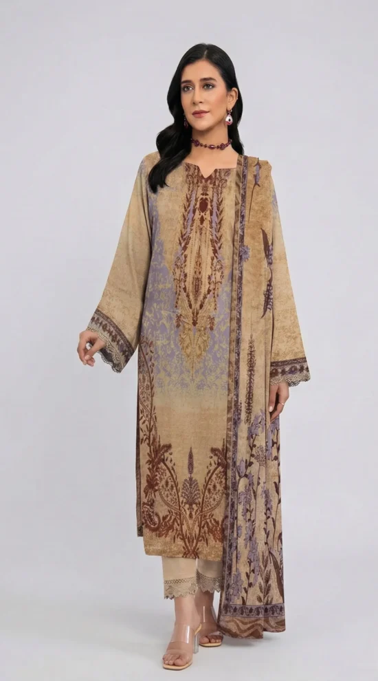 Khaddar 3-Piece Unstitched Printed Suit with Dupatta Soft & Stylish Winter Wear
