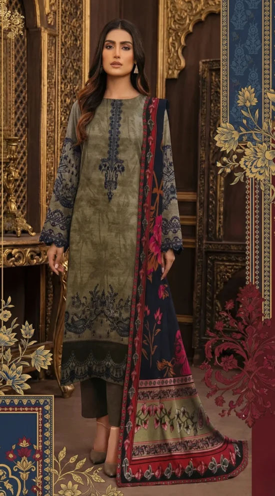 Khaddar 3-Piece Unstitched Printed Suit with Heavy Shawl